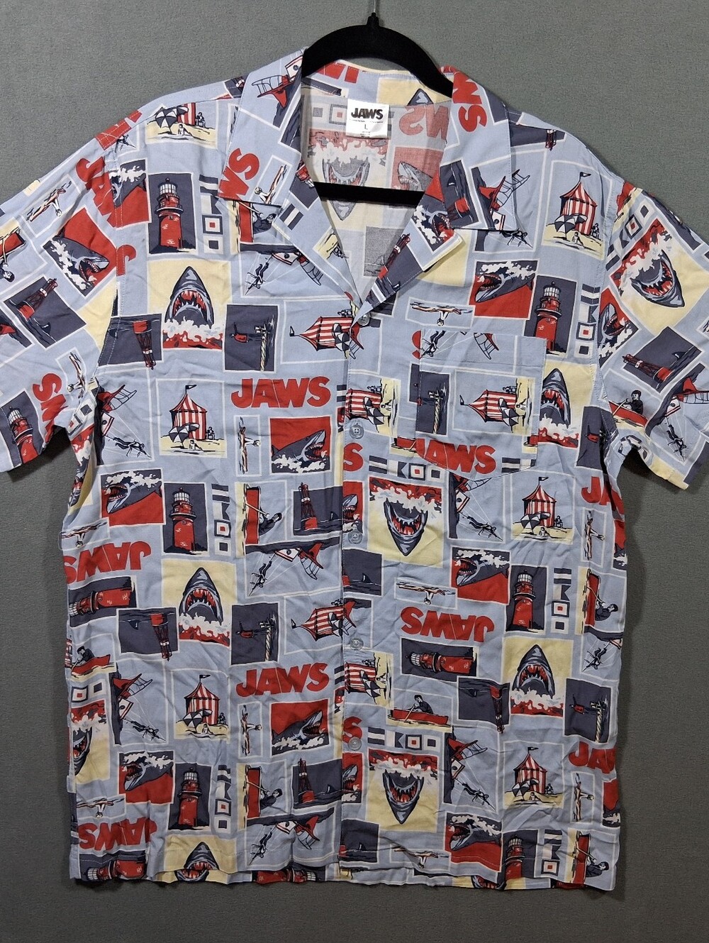 Men's Large Jaws Button-Up Shirt Sharks Horror Beach Swimming Scary Movies